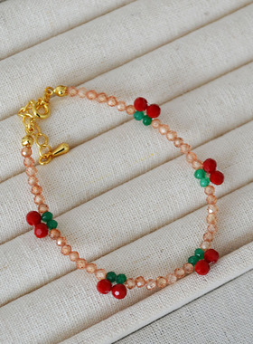 日韩小众ins风甜美手工编织红色樱桃香槟锆石水晶串珠手链礼物女