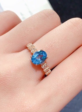 彩宝手饰晶体干净火彩好简约百搭高级感瑞士蓝托帕石戒指S925银镶