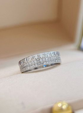 设计师S925纯银三排方钻戒指璀璨