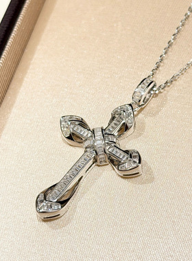 S925纯银精工高级感交叉微镶梯方钻十字架项链轻奢百搭锁骨链女