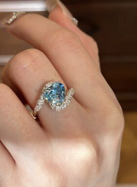 饰品蓝色爱心开口小众设计精致气质排钻温柔时尚食指戒流行首饰