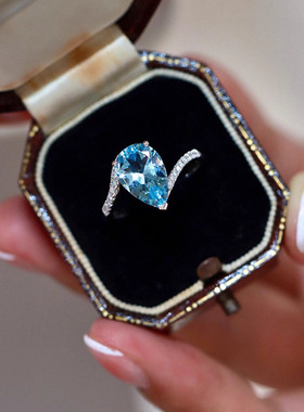 原创设计师通体s925纯银水滴海蓝宝戒指气质温柔时尚百搭小众轻奢