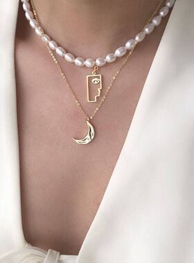 原创水波纹月亮项链女复古ins简约冷淡风网红月牙锁骨链百搭轻奢