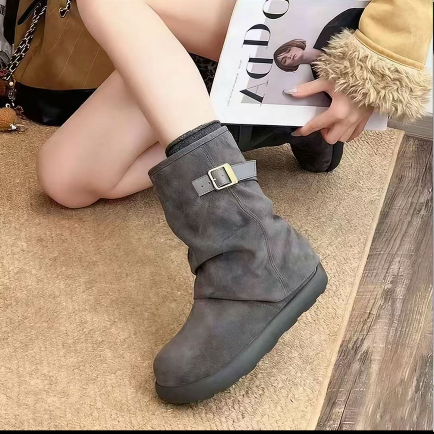 韩版短靴雪地靴女冬季保暖加绒皮带扣厚底增高防滑软底一脚蹬棉靴,淘宝优惠券,粉丝福利购,淘宝优惠卷