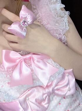 少女心粉色布艺蝴蝶结戒指 闪钻爱心甜妹lolita搭配手饰