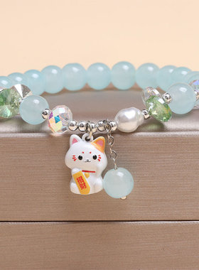 新款韩版小清新可爱招财猫水晶串珠手链女简约森系粉色闺蜜手串