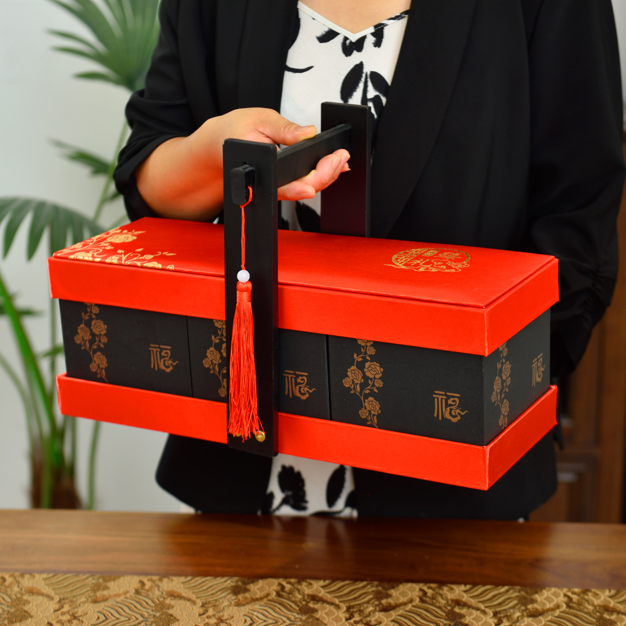 高档端午木质礼盒包装盒干果月饼熟食酒店礼品通用手提篮定制文字