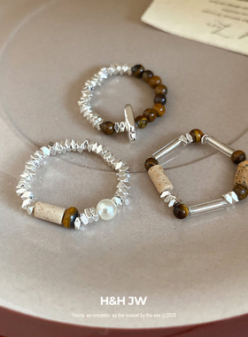 韩国新款碎银石头串珠戒指复古时尚简约气质食指戒轻奢高级感手饰