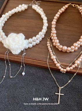 新款珍珠串珠针织花朵项链法式复古宫廷风锁骨链轻奢高级感项饰女