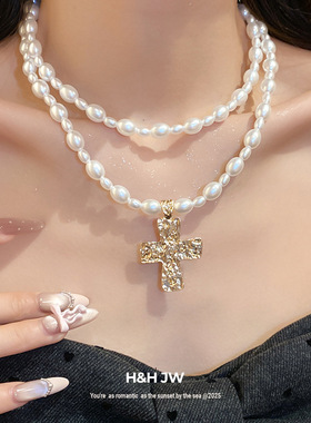 新款复古珍珠串珠十字架吊坠项链优雅轻奢时尚锁骨链小众百搭项饰