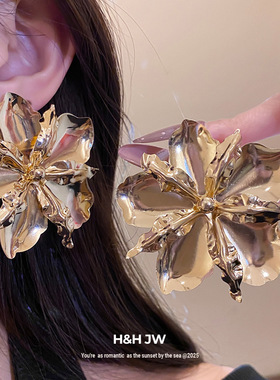 新款光面花朵开口戒指耳钉手镯欧美复古夸张手环轻奢高级感手饰女