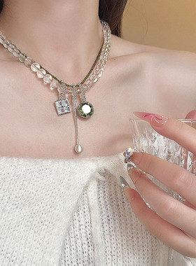 新款串珠锆石方形吊坠项链时尚百搭气质锁骨链轻奢高级感小众饰品