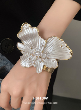 韩国东大门新款夸张宽版滴油花朵开口手镯女士轻奢小众高级感手饰