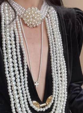 新款欧美多层珍珠串珠项链轻奢夸张高级感毛衣链小众时尚气质饰品