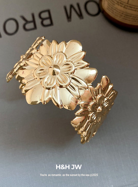 新款花朵纹路开口手镯欧美复古简约时尚气质手环轻奢高级感手饰女