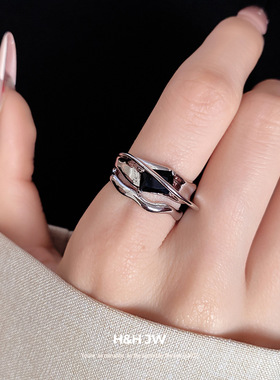 新款三层方形锆石开口戒指女欧美高级感食指戒ins个性冷淡风手饰