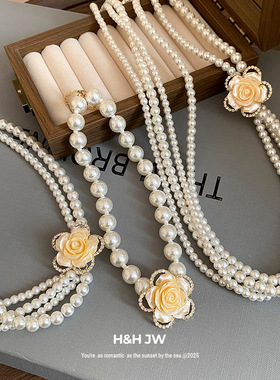 新款镶钻珍珠串珠花朵项链法式复古宫廷风锁骨链轻奢高级感项饰女