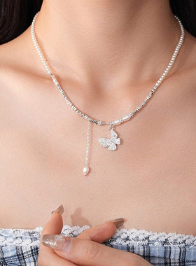 韩国新款珍珠串珠锆石蝴蝶吊坠项链时尚简约锁骨链个性高级感饰品