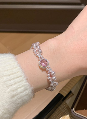 新款超仙锆石双层珍珠抽拉式手链清新甜美气质手环可爱风百搭手饰