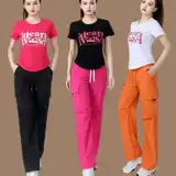 Летний спортивный костюм, комплект, танцующие штаны для спортзала, короткий рукав