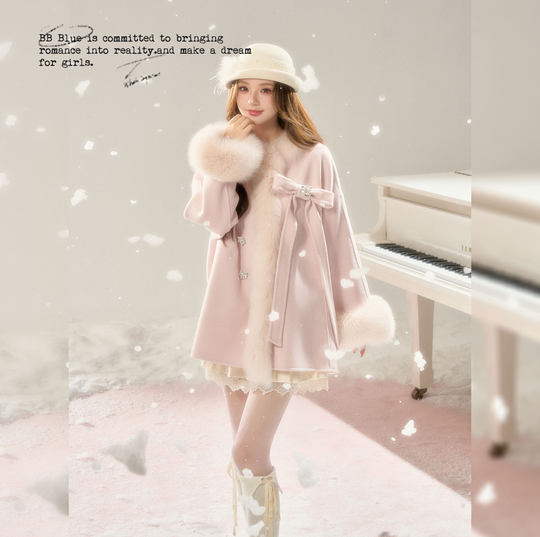 BB BLUE 原创设计 雪国千金真狐狸毛羊毛 白色灰色毛呢短款外套