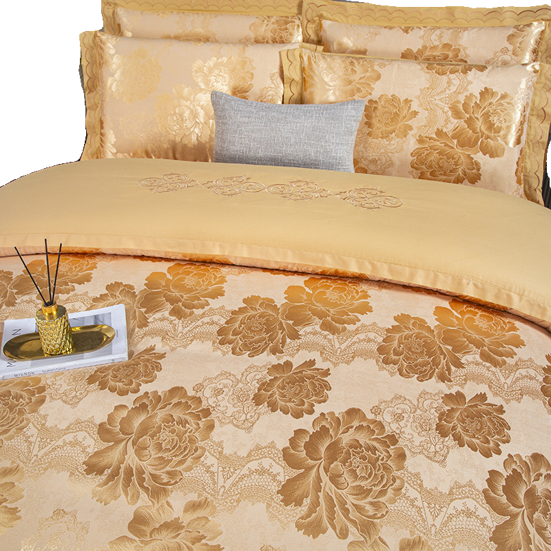 欧式高端别墅床品提花中式贡缎纯棉床裙床上结婚四件套丝绸大床盖