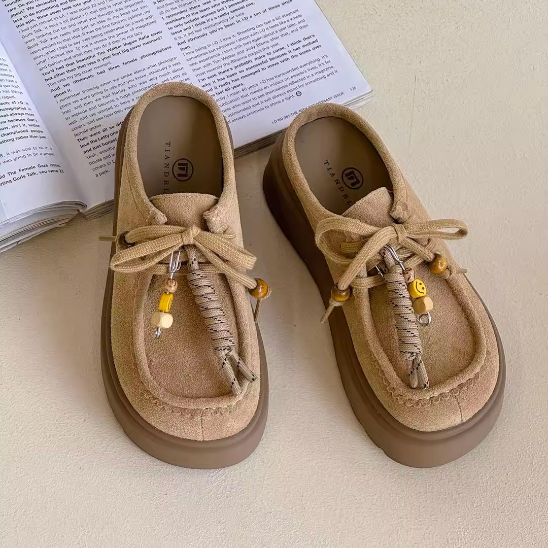 真皮厚底勃肯鞋女2025秋季新款复古百搭休闲一脚蹬懒人包头半拖鞋 - 图1