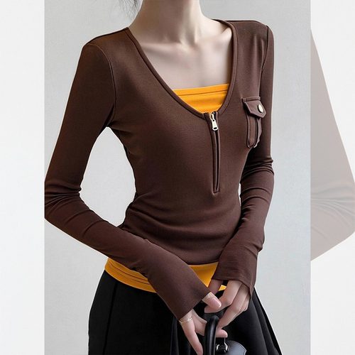 大码假两件拉链显瘦打底衫上衣女秋冬季胖mm修身气质内搭长袖t恤 - 图2