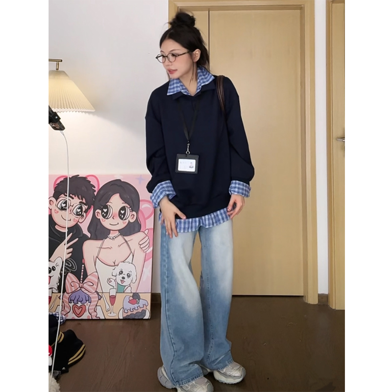 大码胖mm美式休闲假两件卫衣女秋季新款宽松显瘦撞色衬衫领上衣潮 - 图0