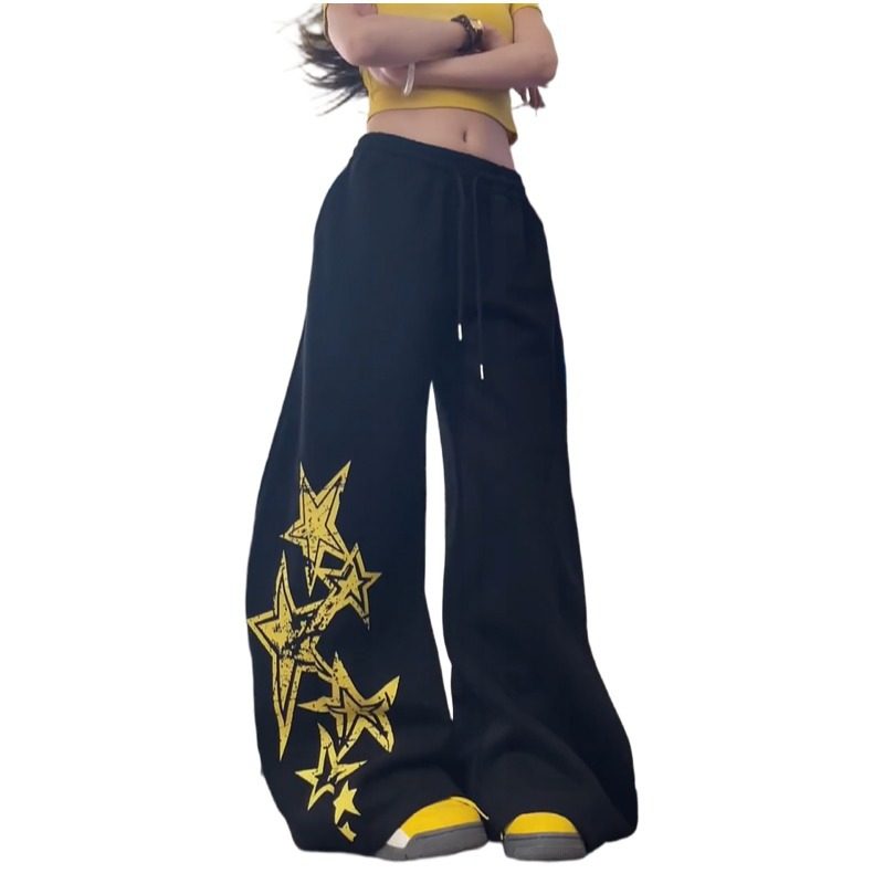 大码美式复古星星印花休闲裤女2026宽松直筒阔腿长裤子潮牌拖地裤,淘宝优惠券,粉丝福利购,淘宝优惠卷