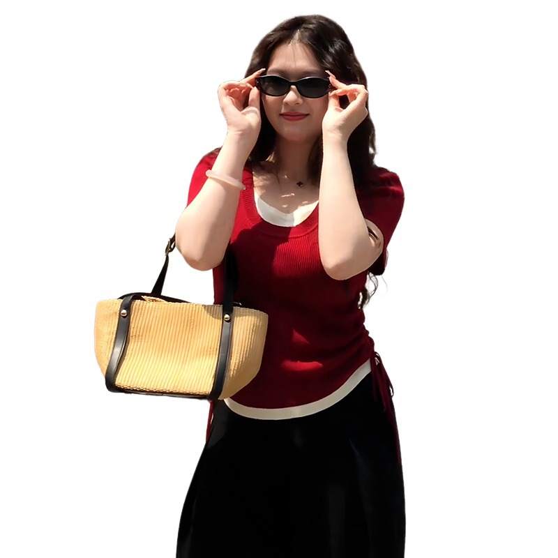 大码胖MM假两件撞色拼接抽褶短袖t恤女夏季新款掐腰修身显瘦上衣 - 图3