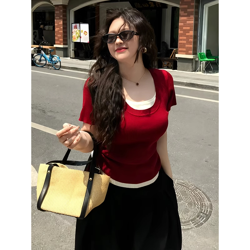 大码胖MM假两件撞色拼接抽褶短袖t恤女夏季新款掐腰修身显瘦上衣 - 图1