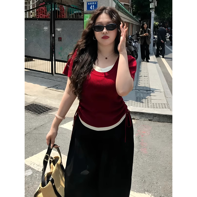 大码胖MM假两件撞色拼接抽褶短袖t恤女夏季新款掐腰修身显瘦上衣 - 图2