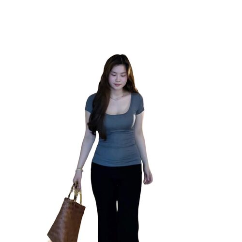 大码胖MM休闲方领正肩t恤女短袖2026新款夏季遮肚修身显瘦上衣 - 图3