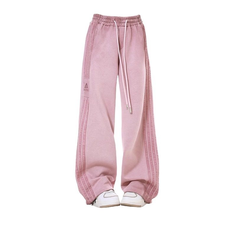 大码胖mm嘻哈粉色卫裤女春夏侧条纹运动宽松垂感阔腿直筒休闲裤子,淘宝优惠券,粉丝福利购,淘宝优惠卷