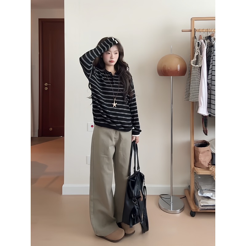 大码胖mm韩系条纹POLO领T恤女早秋季2025新款宽松慵懒风长袖上衣 - 图1