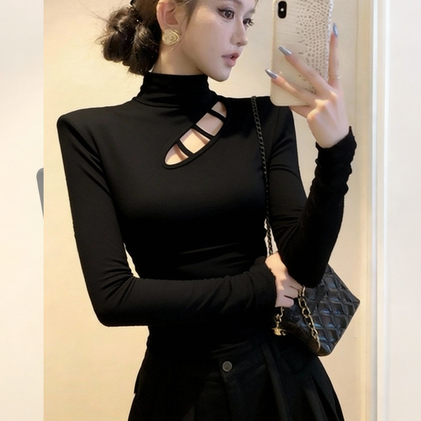 大码胖mm设计感镂空半高领打底衫T恤女秋冬加绒磨毛辣妹长袖上衣,淘宝优惠券,粉丝福利购,淘宝优惠卷