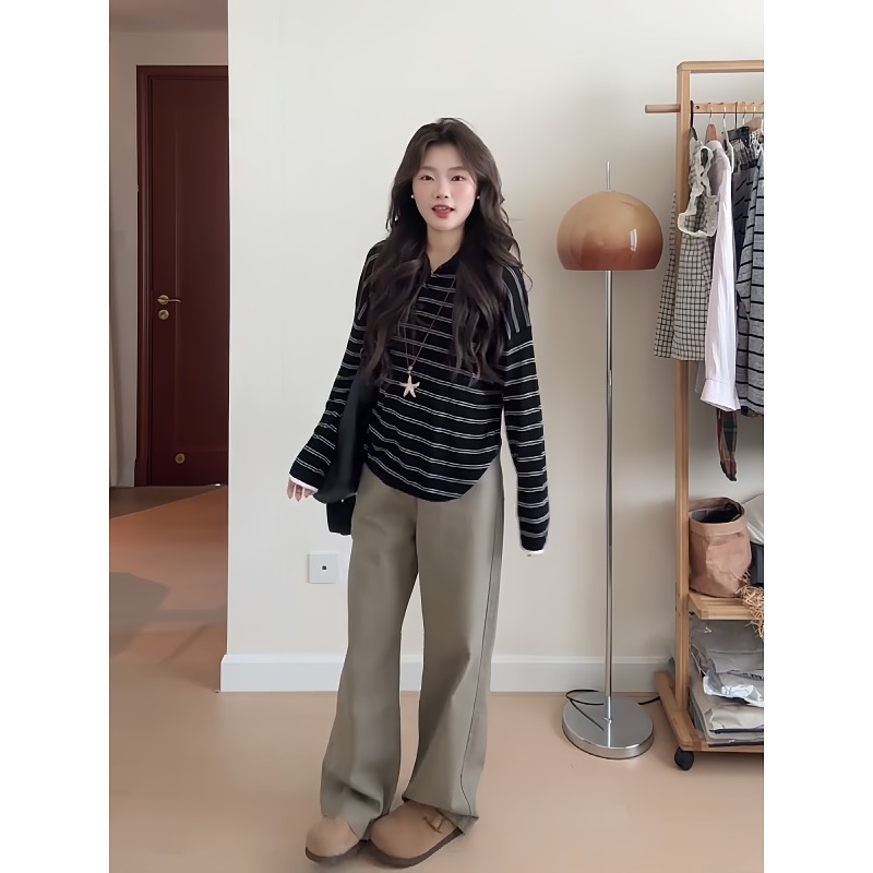大码胖mm韩系条纹POLO领T恤女早秋季2025新款宽松慵懒风长袖上衣 - 图0