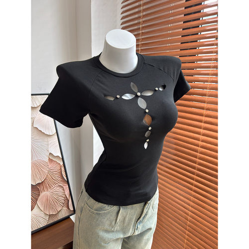 大码胖mm美式辣妹镂空设计感短袖t恤夏季新款修身内搭打底衫上衣 - 图0