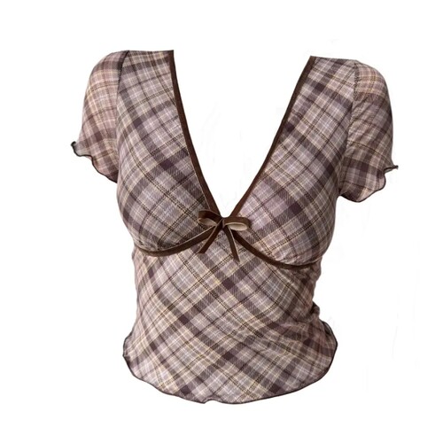 大码女装胖mm复古辣妹V领格纹正肩短袖t恤夏季显瘦气质掐腰小上衣 - 图3