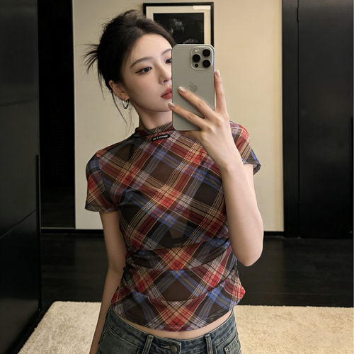 大码胖mm复古格纹短袖T恤女春夏辣妹褶皱设计收腰显瘦气质上衣潮 - 图1