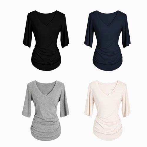 大码v领灰色掐腰小上衣2025新款夏季微胖mm显瘦遮肚子短袖t恤女装 - 图3