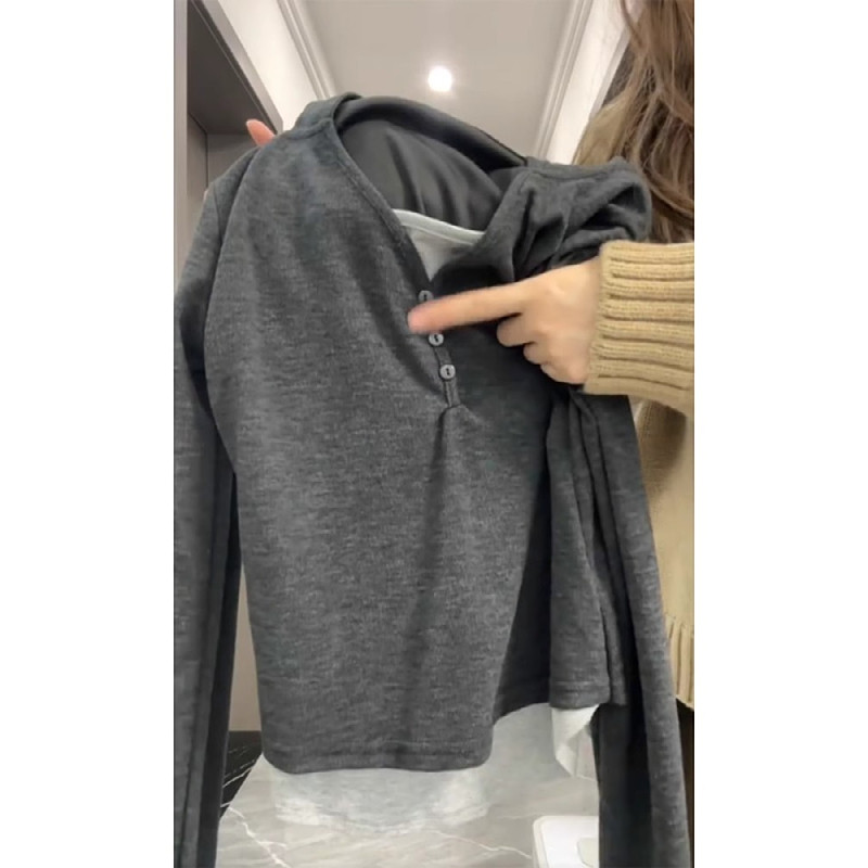 大码假两件正肩长袖t恤女微胖mm秋季设计感内搭修身连帽打底上衣,淘宝优惠券,粉丝福利购,淘宝优惠卷