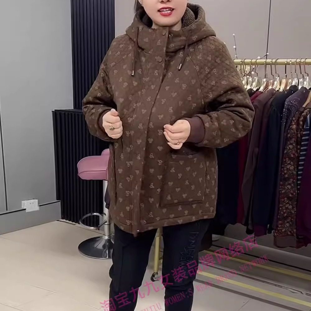 韩版连帽中老年妈妈棉服过冬大码休闲印花宽松百搭休闲保暖外套,淘宝优惠券,粉丝福利购,淘宝优惠卷