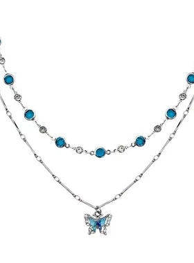 小众蓝色叠戴女设计颈链项链配饰流苏甜酷辣妹流苏蝴蝶锁骨链ins