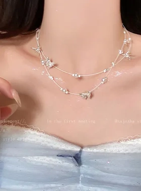 珍珠简约项链配裙子女ins蝴蝶锁骨链配饰通勤双层百搭超仙冷淡风