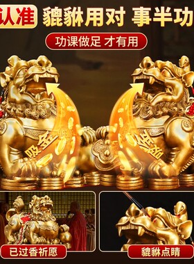 铜貔貅招财摆件一对公母纯黄铜