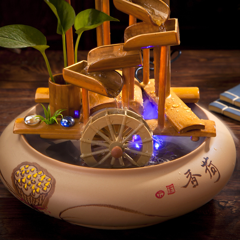 新中式陶瓷流水喷泉水景招财风水轮创意竹子流水器桌面办公室摆件