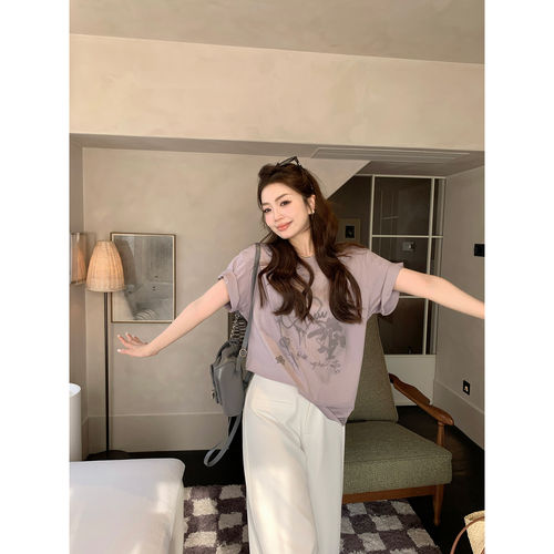 AeoAlways【紫藤梦境】紫色印花短袖T恤女新款夏宽松纯棉显白上衣 - 图1
