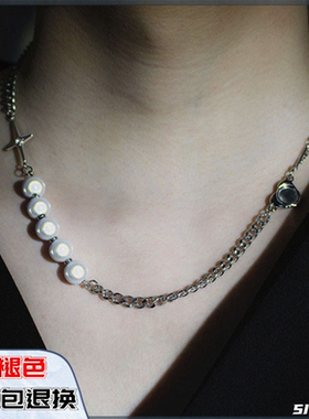 轻奢小众设计反光珍珠十字架拼接项链女钛钢百搭锁骨链男潮